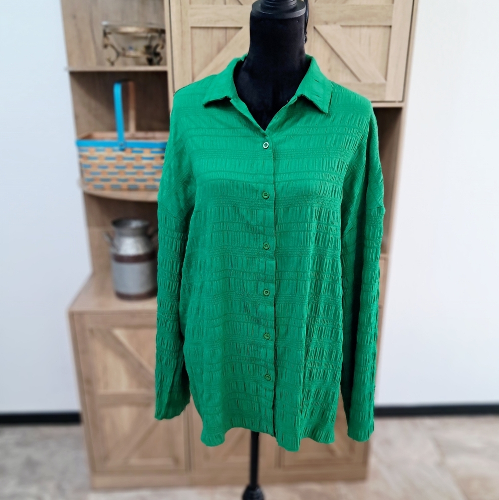 Merokeety Emerald Green Crinkle Textured Boyfriend Shirt Button Up Long Sleeve L